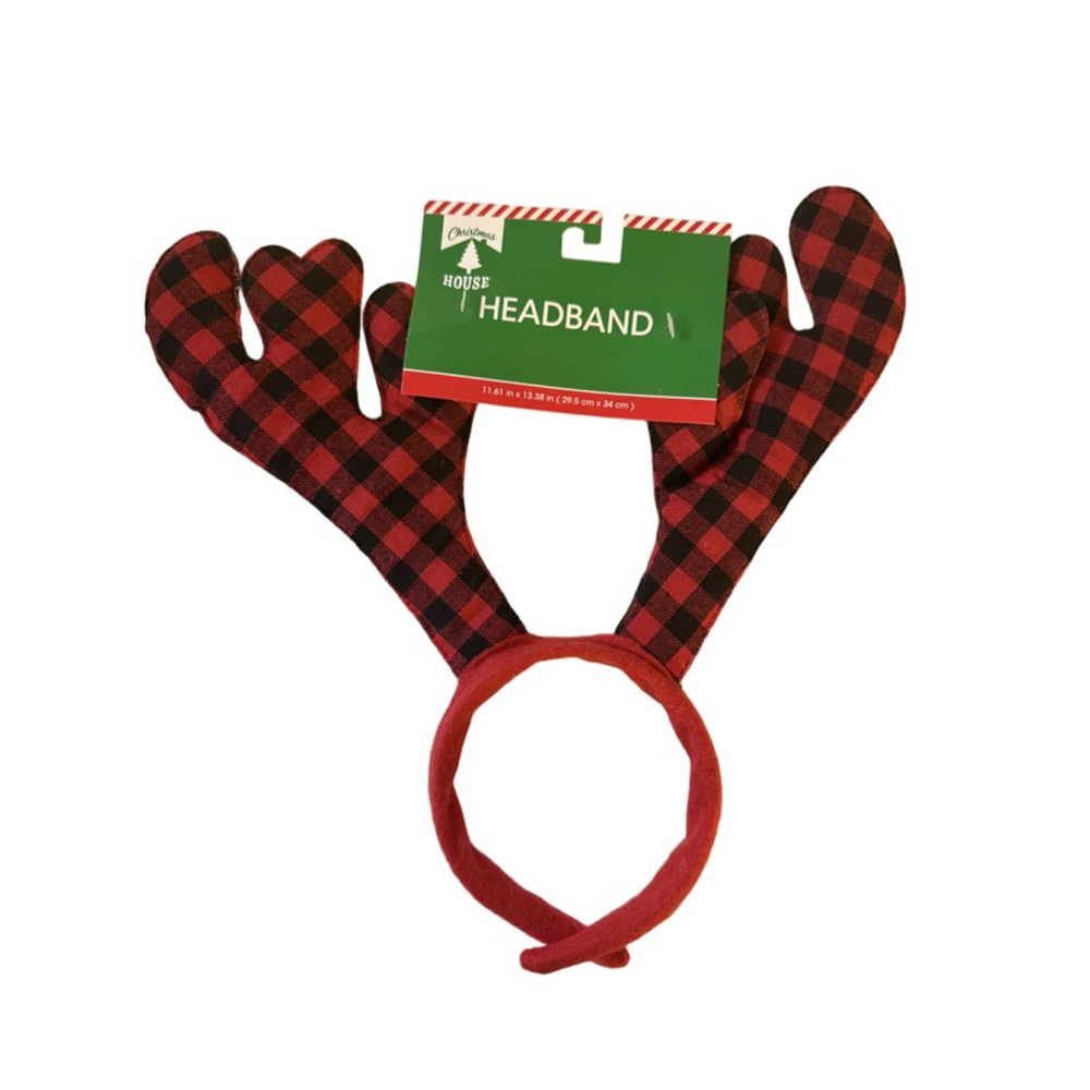 NWT Christmas House Deer Antlers Buffalo Check Plaid Headband